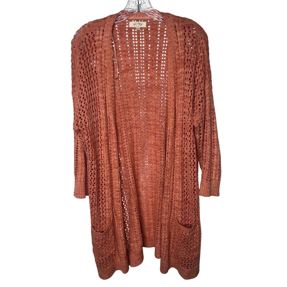 Fat Face Women Tangerine Orange Cotton Linen Open Knit Longline Cardigan Size 10